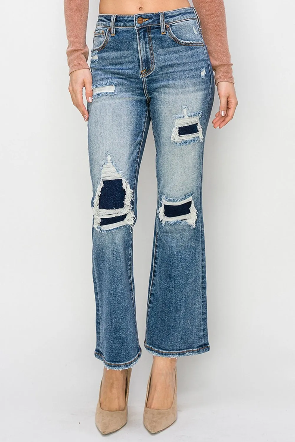 Hazel Blues® |  Risen High Rise Distressed Ankle Flare Jeans