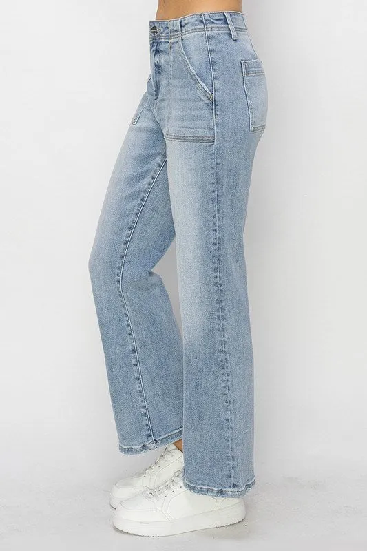 High Rise Patch Pocket Ankle Flare Jeans