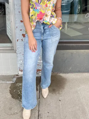 High Rise Patch Pocket Ankle Flare Jeans