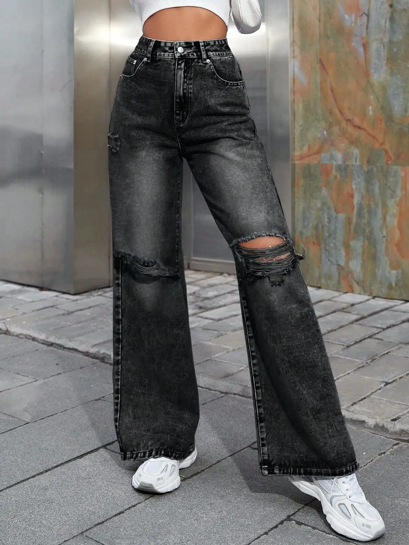 High Rise Ripped Baggy Jeans Women