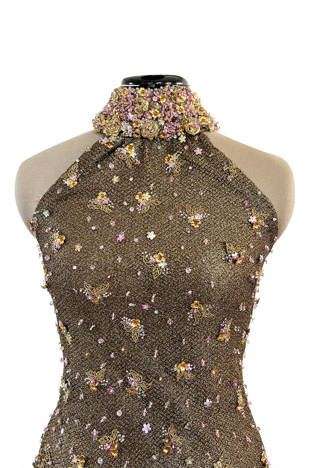 Incredible 1990s John Anthony Couture Gold Lame Mesh Beaded Dress w Beaded Choker