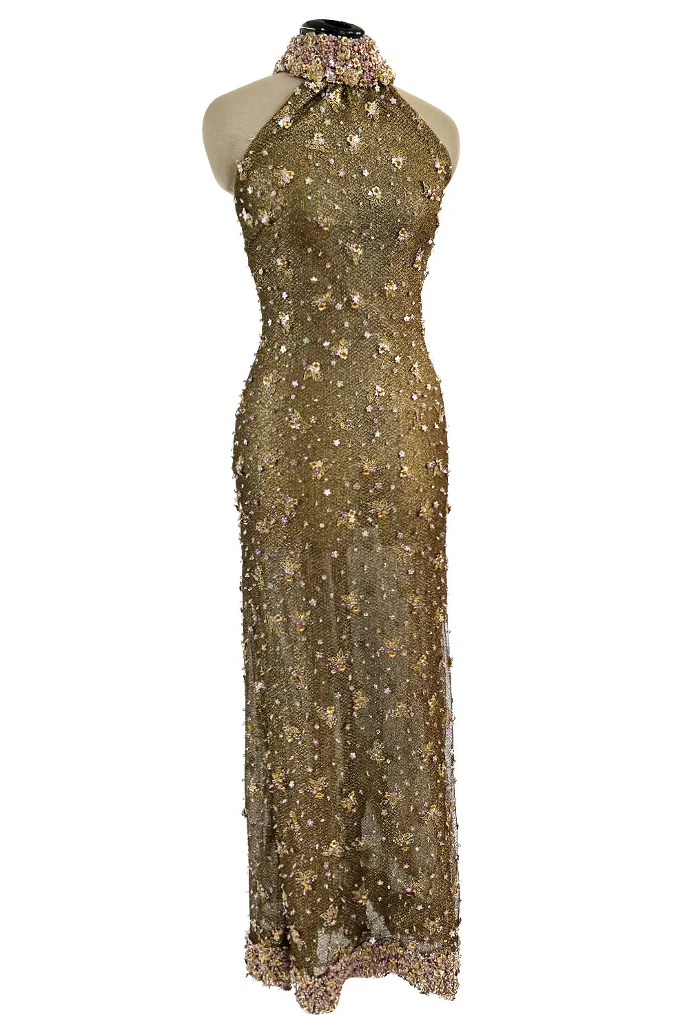 Incredible 1990s John Anthony Couture Gold Lame Mesh Beaded Dress w Beaded Choker