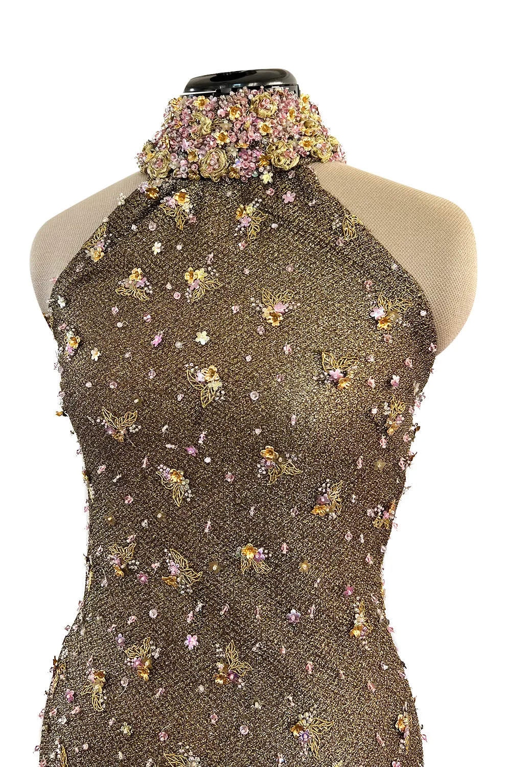 Incredible 1990s John Anthony Couture Gold Lame Mesh Beaded Dress w Beaded Choker