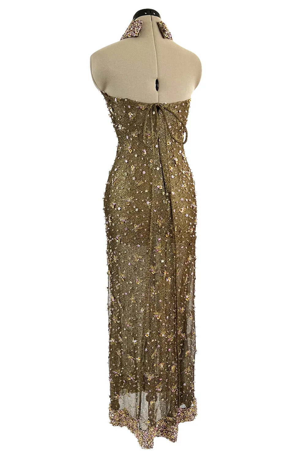 Incredible 1990s John Anthony Couture Gold Lame Mesh Beaded Dress w Beaded Choker