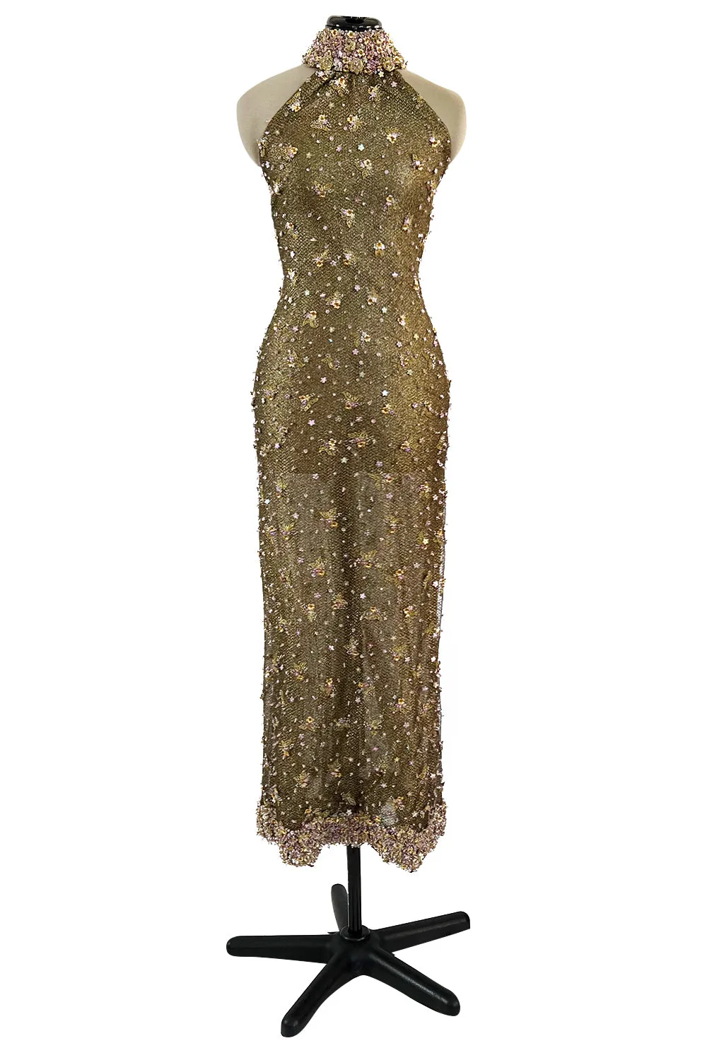 Incredible 1990s John Anthony Couture Gold Lame Mesh Beaded Dress w Beaded Choker