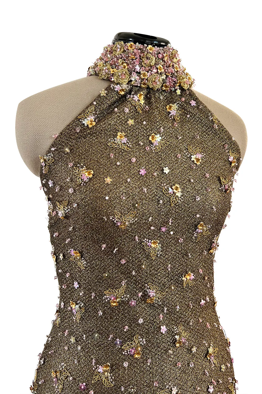 Incredible 1990s John Anthony Couture Gold Lame Mesh Beaded Dress w Beaded Choker