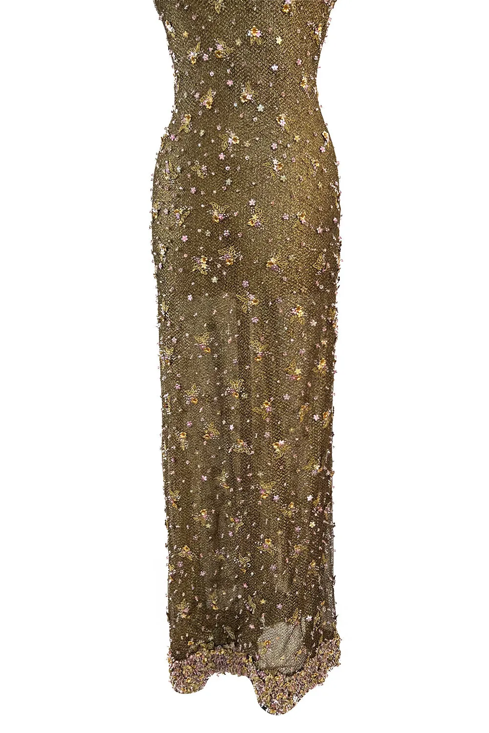Incredible 1990s John Anthony Couture Gold Lame Mesh Beaded Dress w Beaded Choker