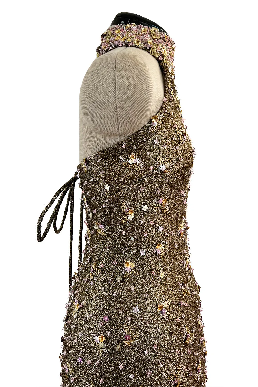 Incredible 1990s John Anthony Couture Gold Lame Mesh Beaded Dress w Beaded Choker