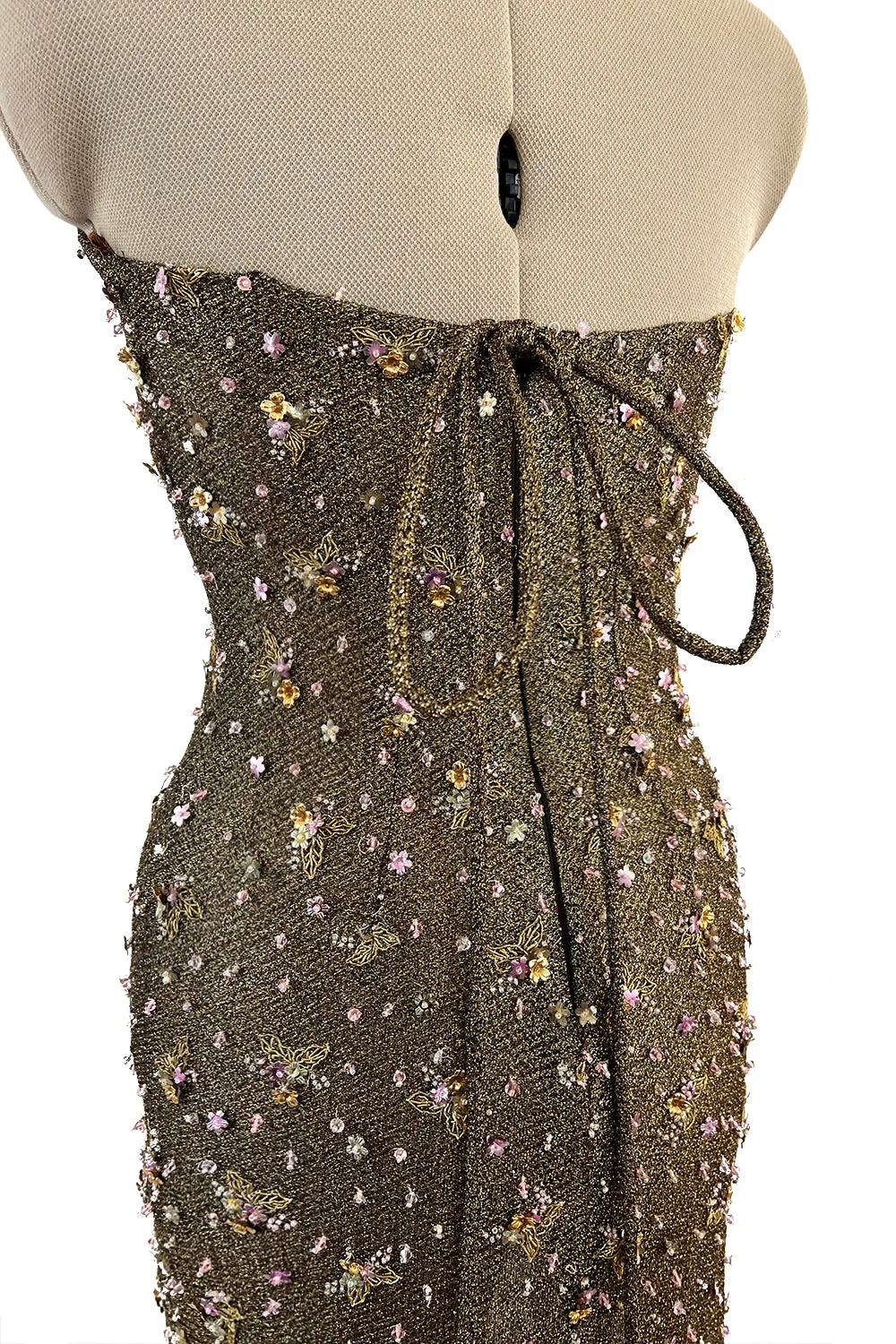 Incredible 1990s John Anthony Couture Gold Lame Mesh Beaded Dress w Beaded Choker