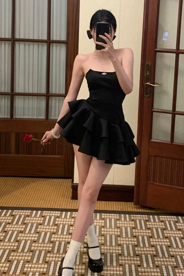 JazzHer Chic Strapless Black Satin Short Prom Dresses Layered Black Homecoming Dresses (PRE-ORDER)