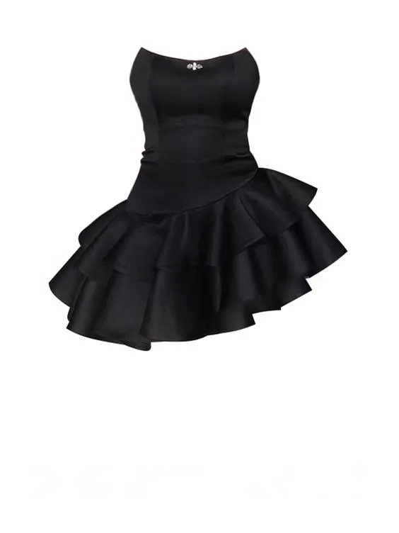 JazzHer Chic Strapless Black Satin Short Prom Dresses Layered Black Homecoming Dresses (PRE-ORDER)
