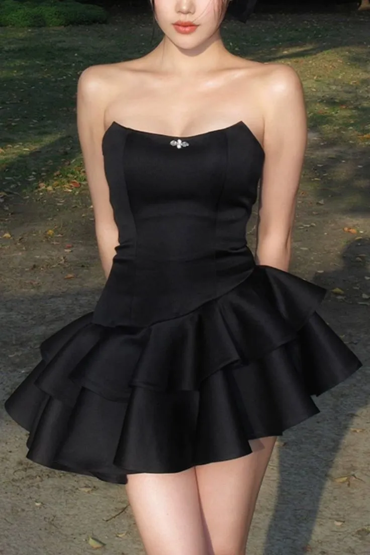 JazzHer Chic Strapless Black Satin Short Prom Dresses Layered Black Homecoming Dresses (PRE-ORDER)
