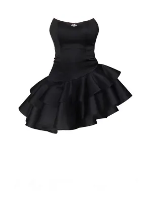 JazzHer Chic Strapless Black Satin Short Prom Dresses Layered Black Homecoming Dresses (PRE-ORDER)