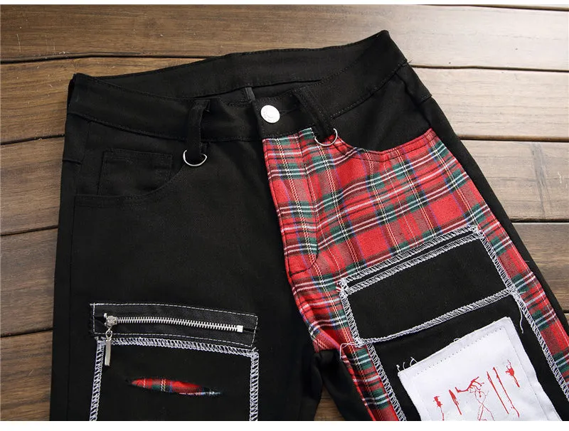 jeans patchwork homme / Trendy patchs design noir denim / pantalon long luxe homme