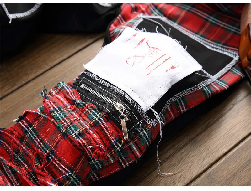 jeans patchwork homme / Trendy patchs design noir denim / pantalon long luxe homme