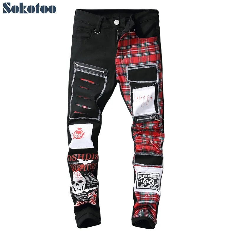 jeans patchwork homme / Trendy patchs design noir denim / pantalon long luxe homme