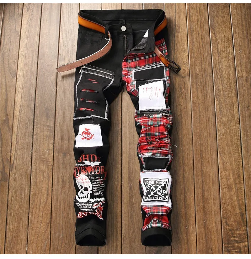 jeans patchwork homme / Trendy patchs design noir denim / pantalon long luxe homme