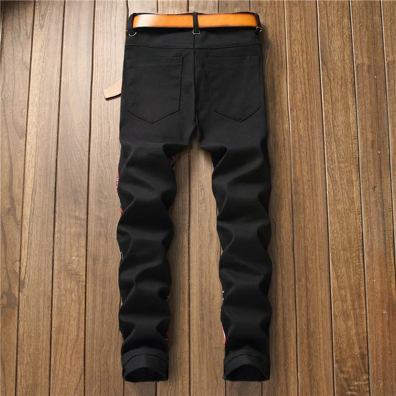 jeans patchwork homme / Trendy patchs design noir denim / pantalon long luxe homme