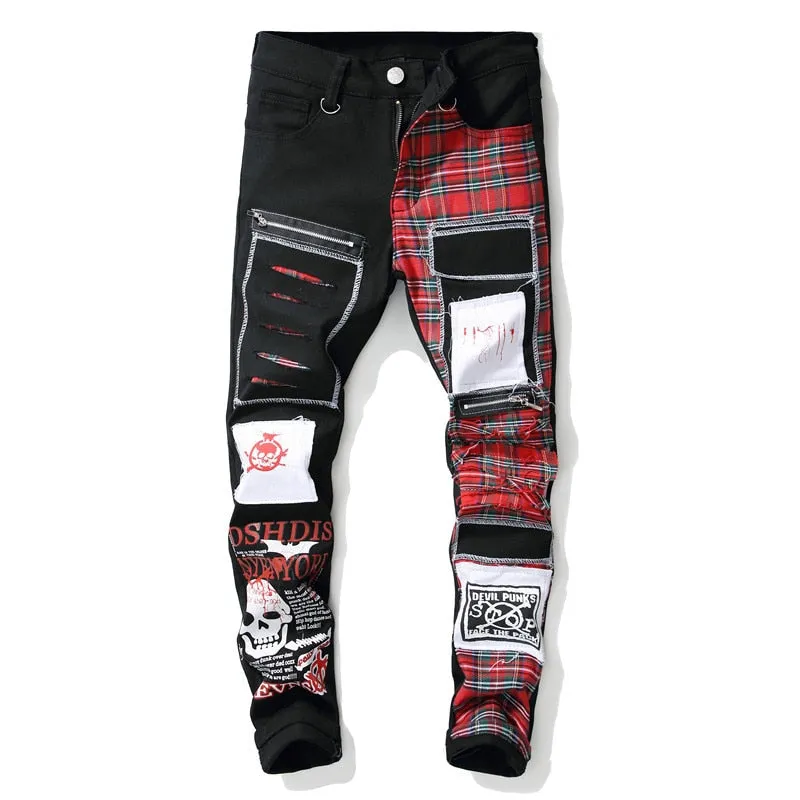 jeans patchwork homme / Trendy patchs design noir denim / pantalon long luxe homme