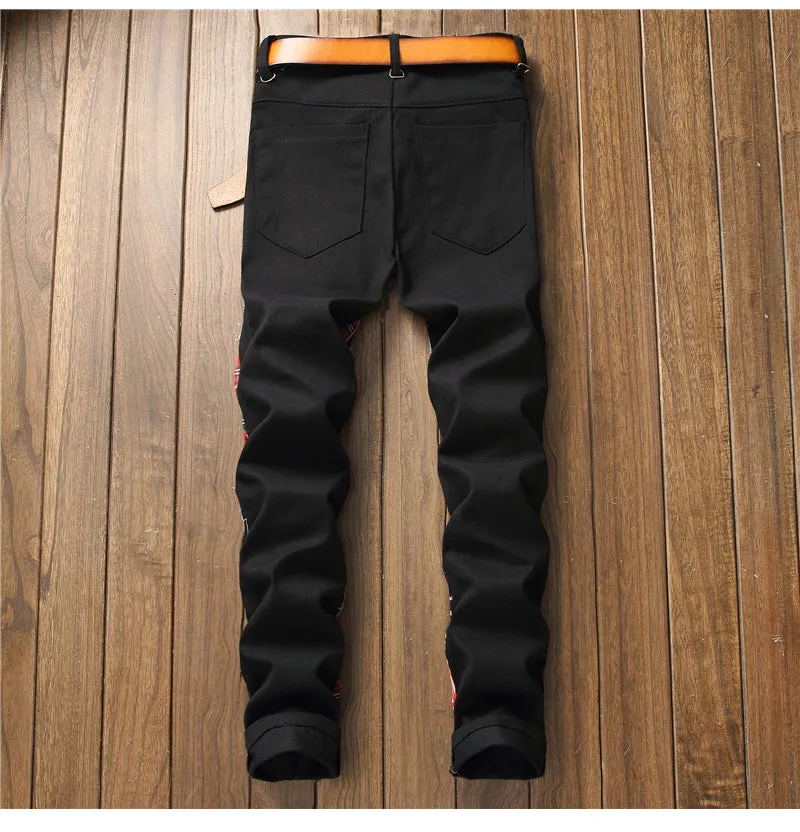 jeans patchwork homme / Trendy patchs design noir denim / pantalon long luxe homme