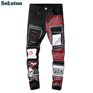 jeans patchwork homme / Trendy patchs design noir denim / pantalon long luxe homme