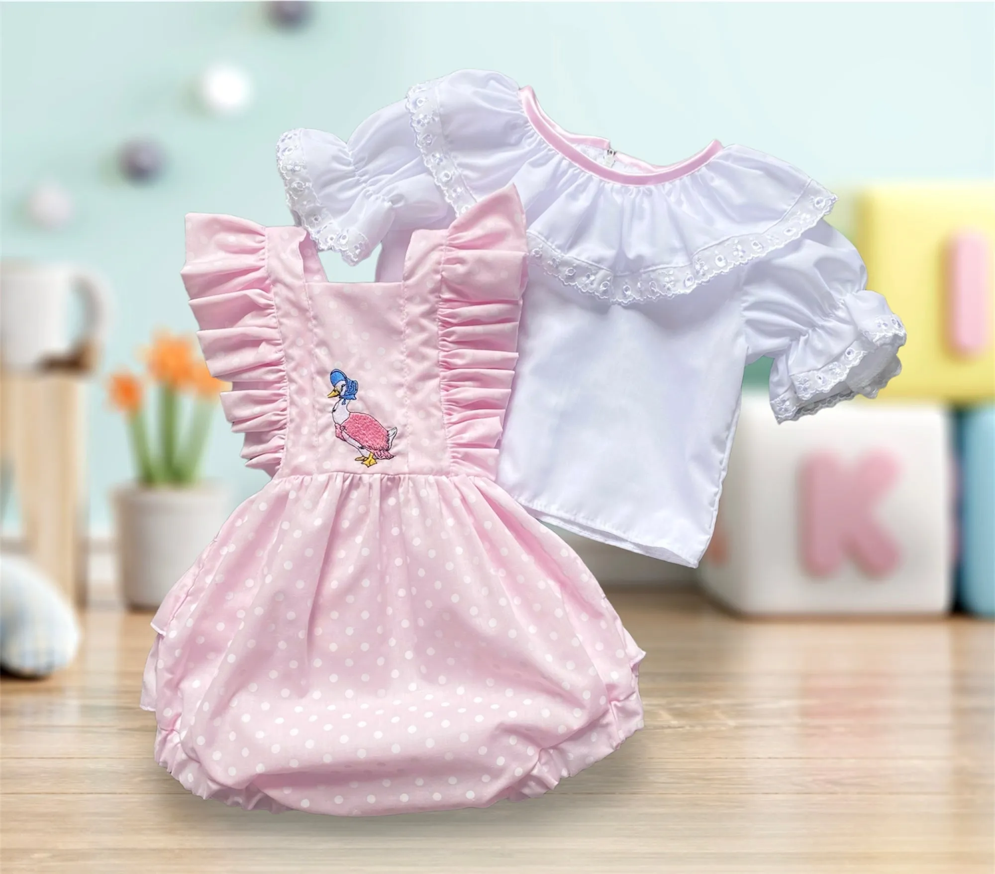 Jemima Puddleduck Two Piece Frilly Romper Set
