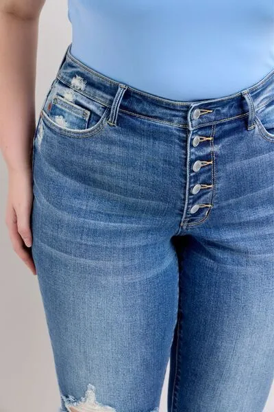 Judy Blue Button Fly Distressed Jeans with Pockets