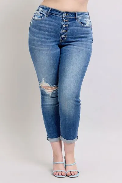 Judy Blue Button Fly Distressed Jeans with Pockets