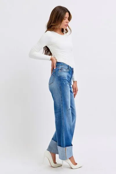 Judy Blue Full Size Distressed High Waist Wide Leg Jeans ONLINE EXCLUSIVE
