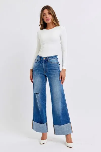 Judy Blue Full Size Distressed High Waist Wide Leg Jeans ONLINE EXCLUSIVE