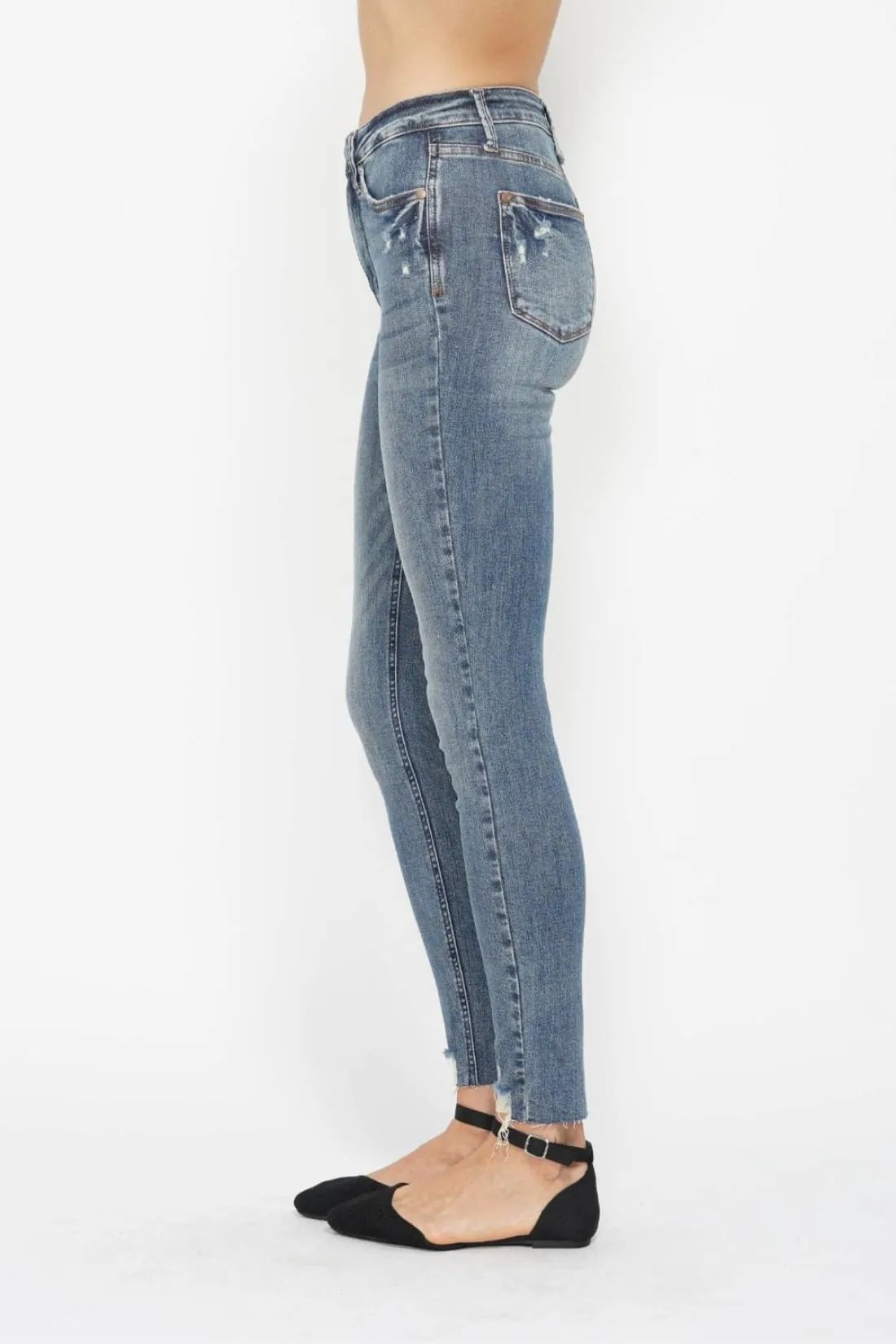 Judy Blue Tummy Control Vintage Wash Destroyed Hem Skinny Jeans
