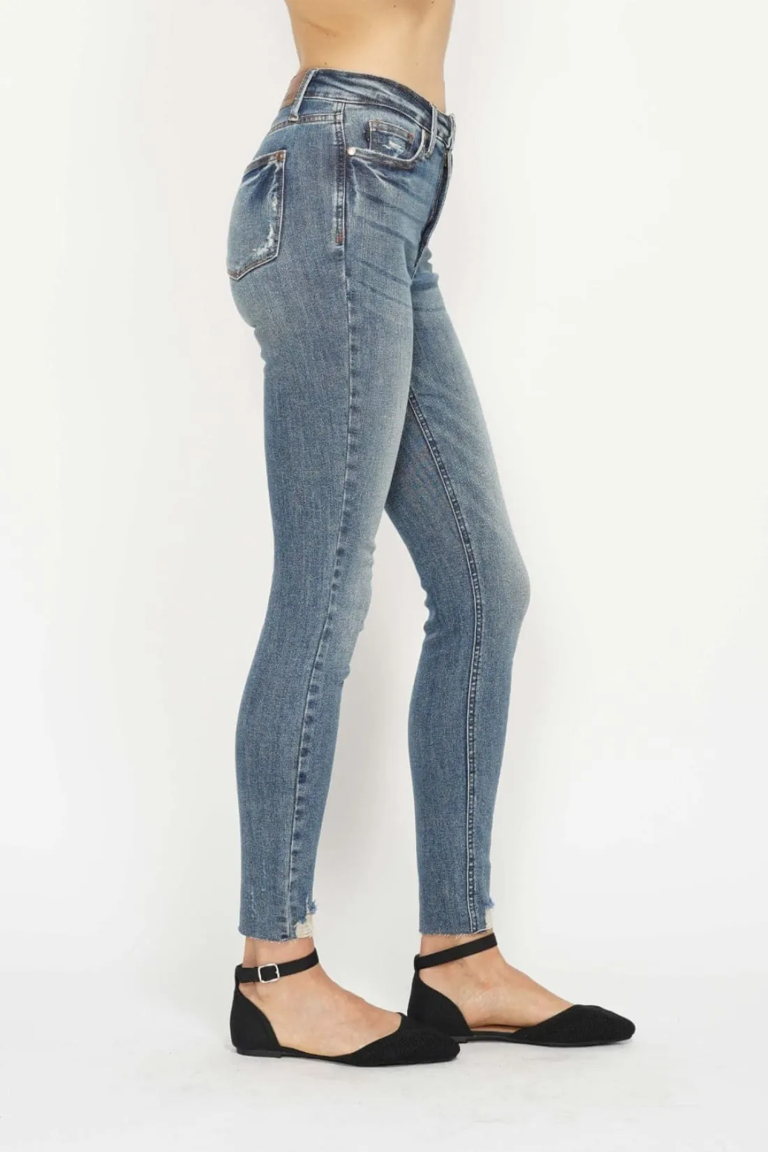 Judy Blue Tummy Control Vintage Wash Destroyed Hem Skinny Jeans