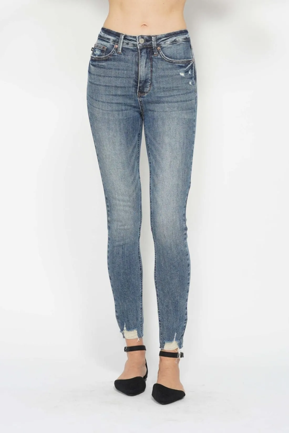 Judy Blue Tummy Control Vintage Wash Destroyed Hem Skinny Jeans