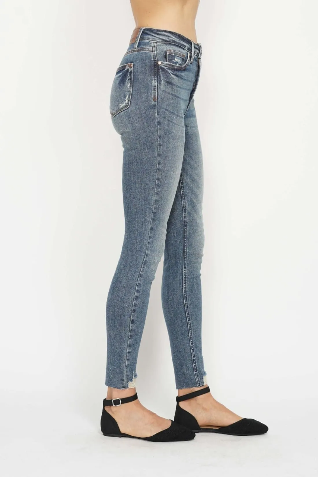 Judy Blue Tummy Control Vintage Wash Destroyed Hem Skinny Jeans