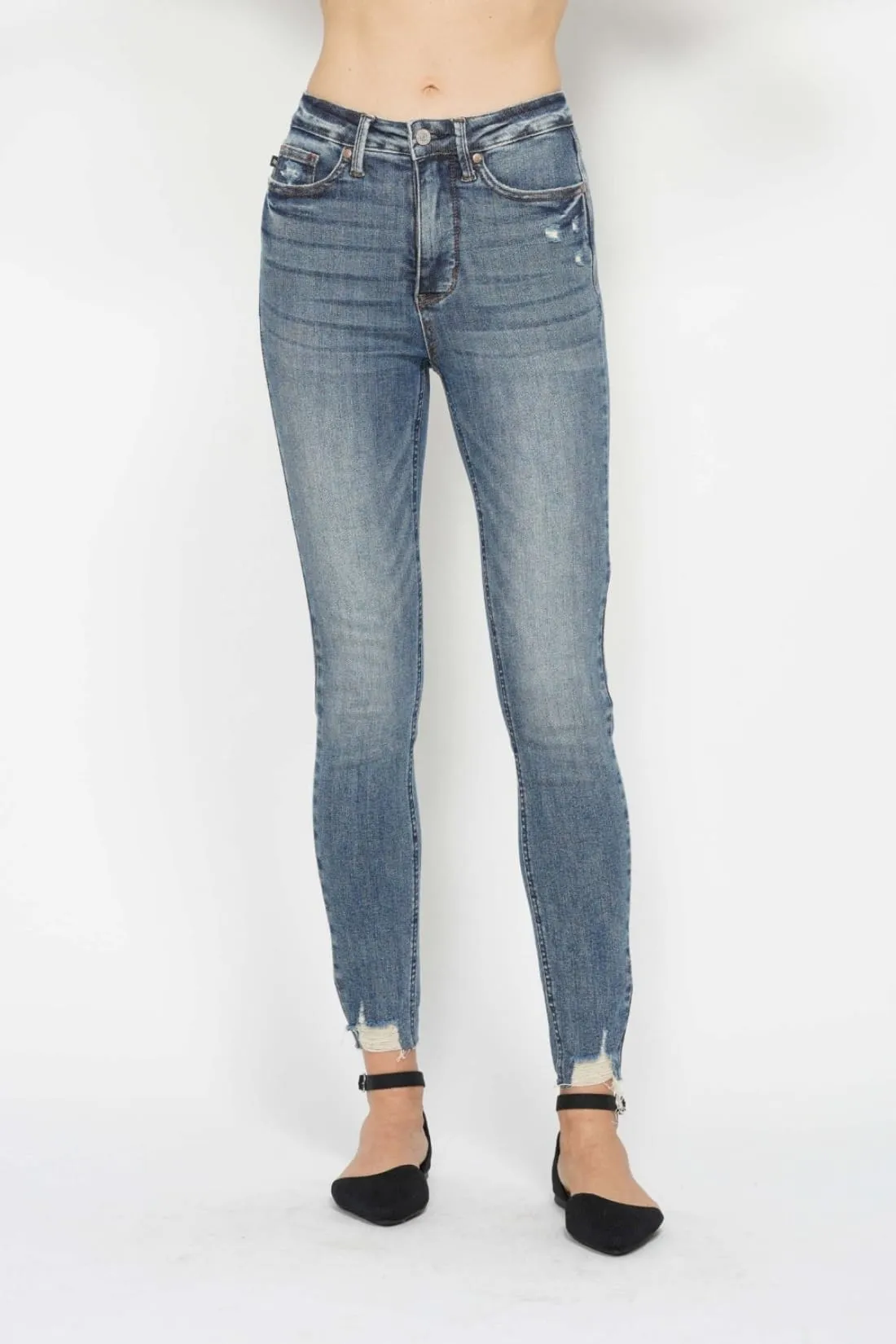 Judy Blue Tummy Control Vintage Wash Destroyed Hem Skinny Jeans