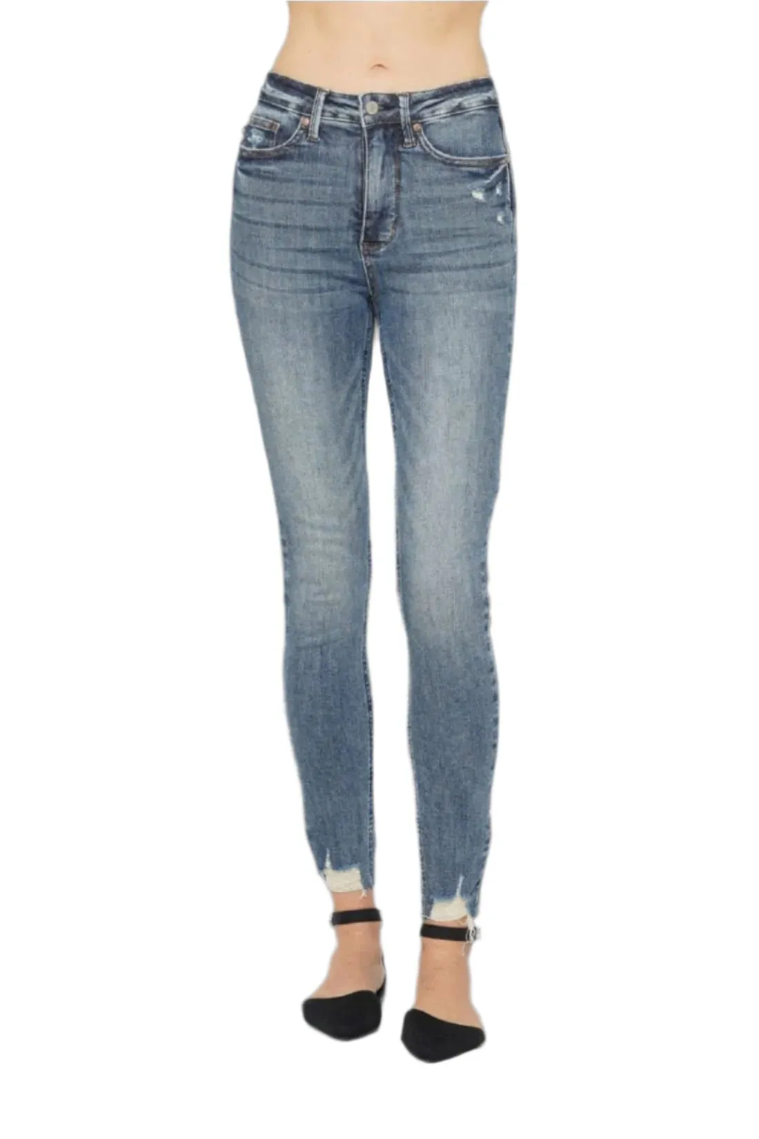 Judy Blue Tummy Control Vintage Wash Destroyed Hem Skinny Jeans