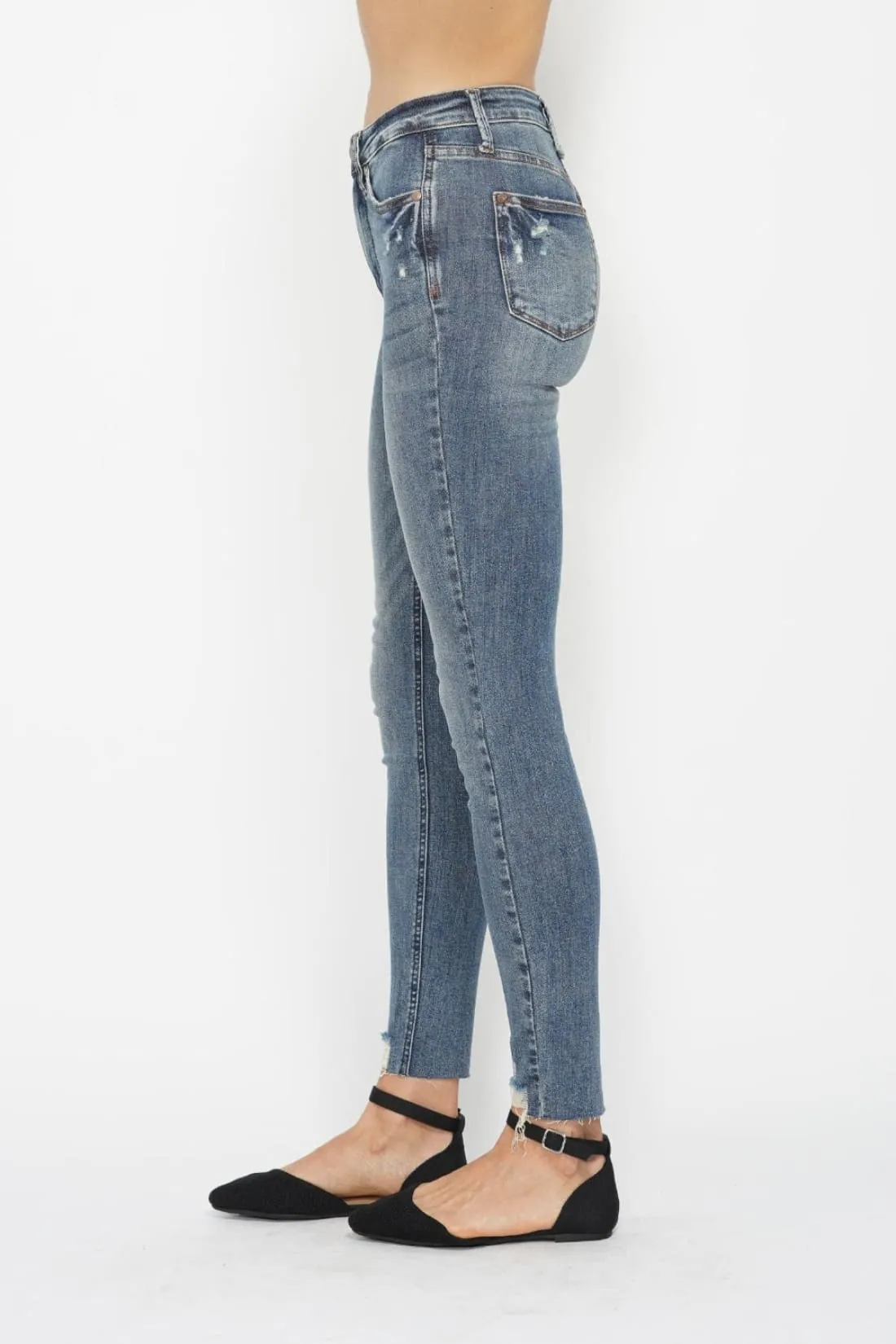 Judy Blue Tummy Control Vintage Wash Destroyed Hem Skinny Jeans