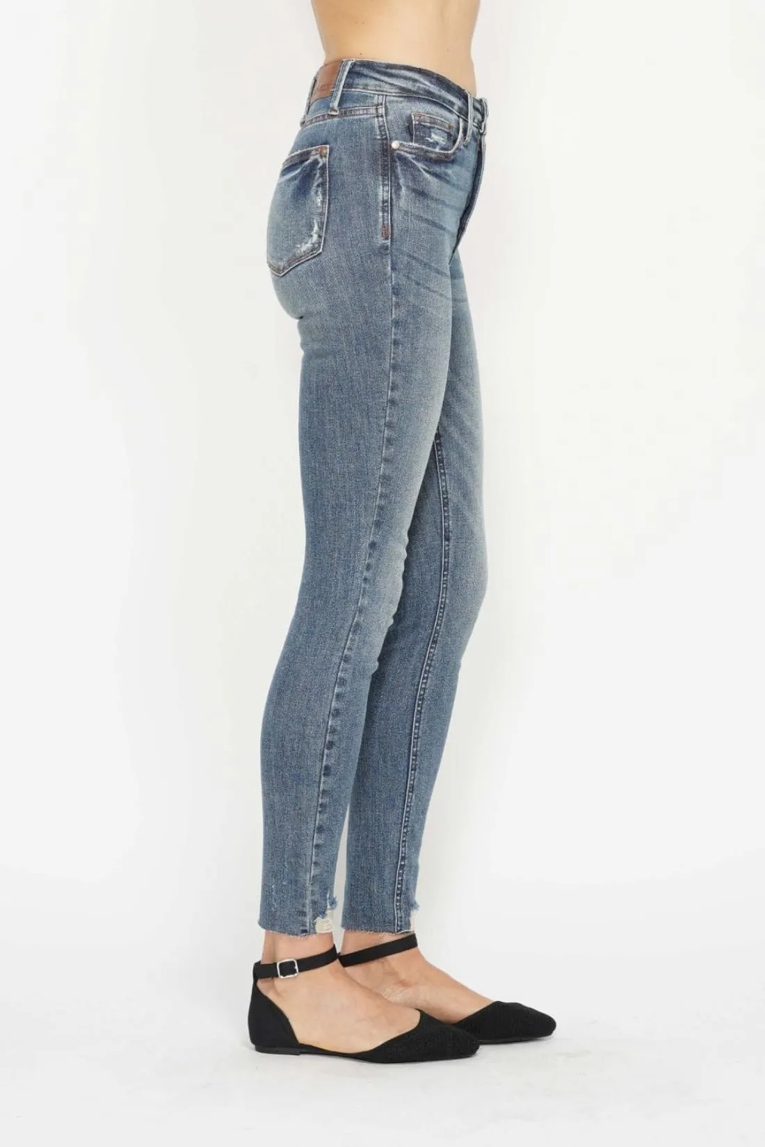 Judy Blue Tummy Control Vintage Wash Destroyed Hem Skinny Jeans