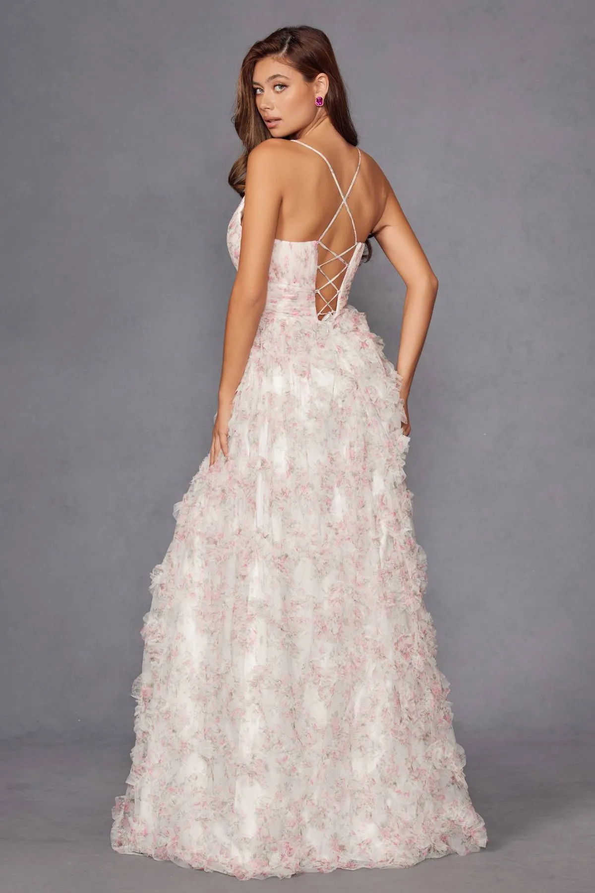 Juliet JT2572U Long Ruffled Layered Skirt Print Formal Gown