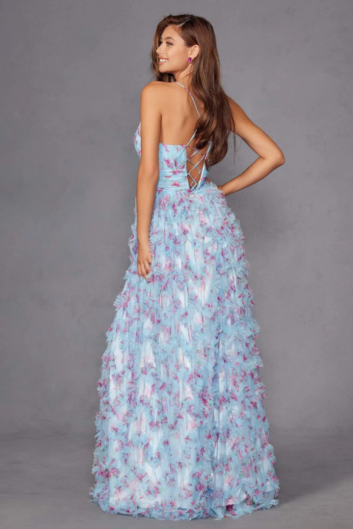 Juliet JT2572U Long Ruffled Layered Skirt Print Formal Gown