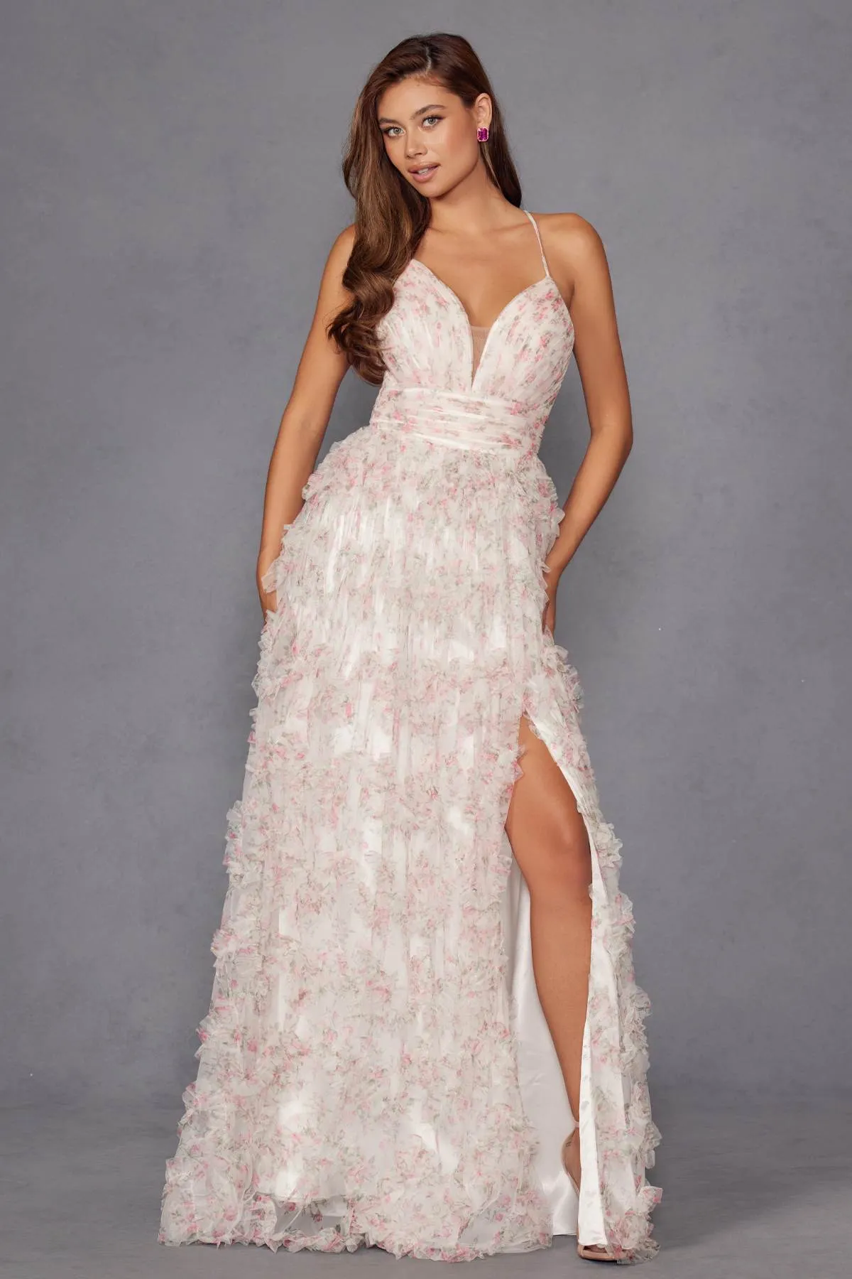 Juliet JT2572U Long Ruffled Layered Skirt Print Formal Gown