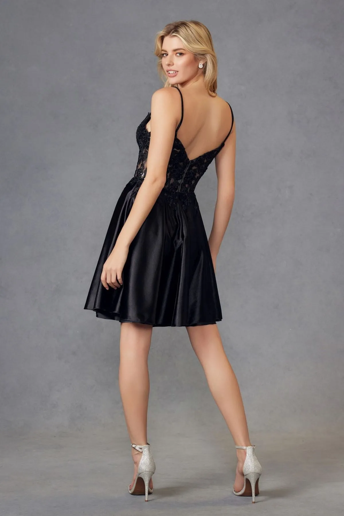 Juliet JT940R Dress V-Neck Leaf Lace Corset Bodice Satin Skirt
