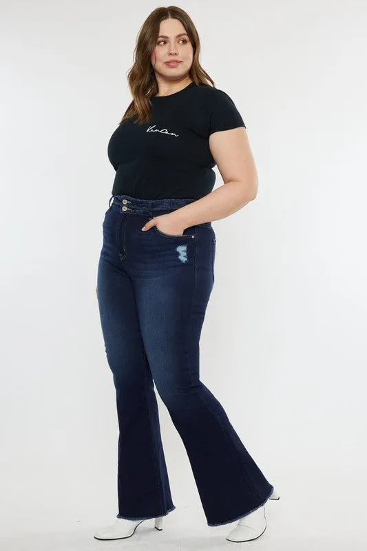 Kan Can Plus High Rise Double WB Fray Hem Flare Jeans