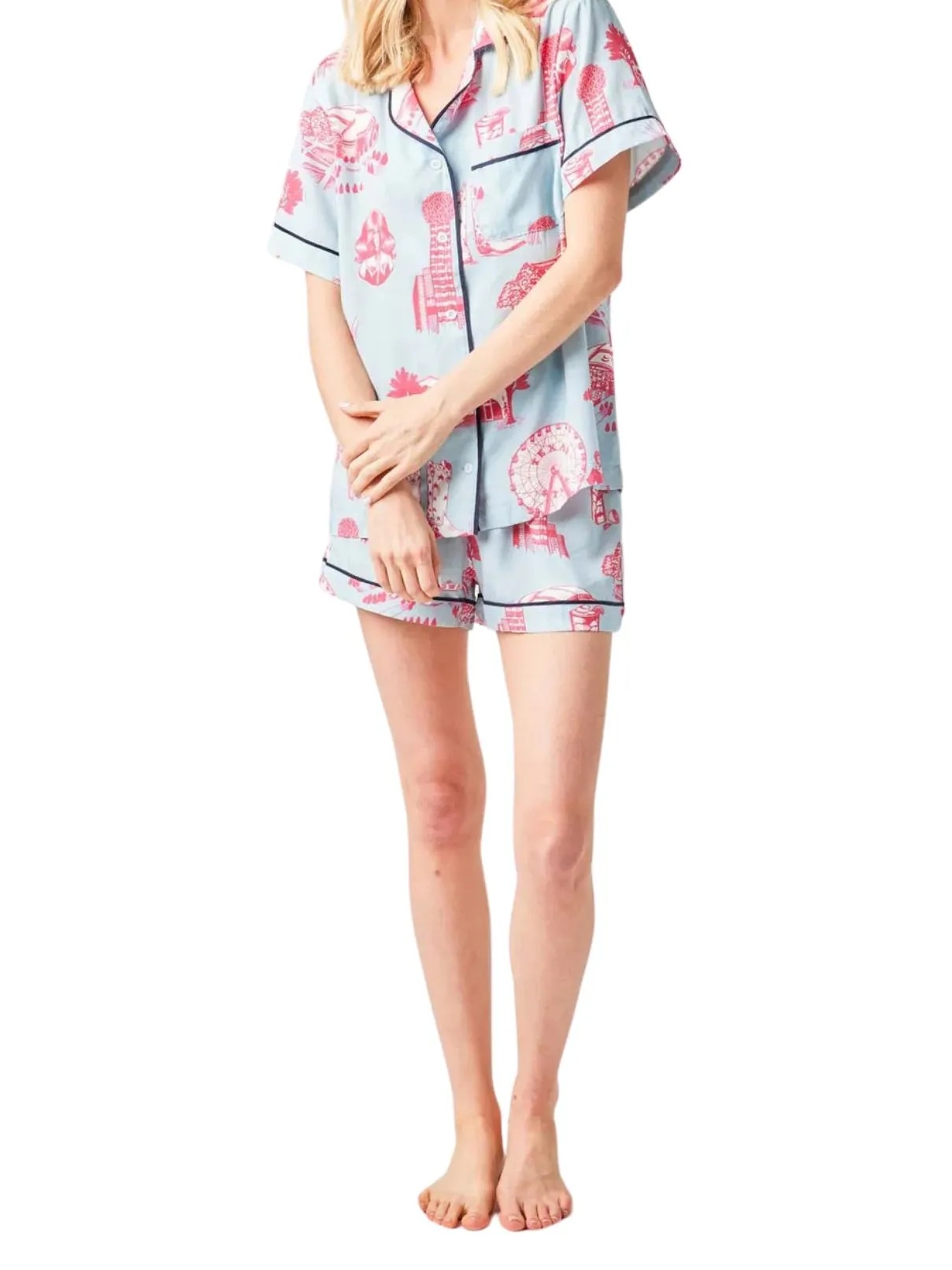 Katie Kime Dallas Toile PJ Short Set in Blue/Pink