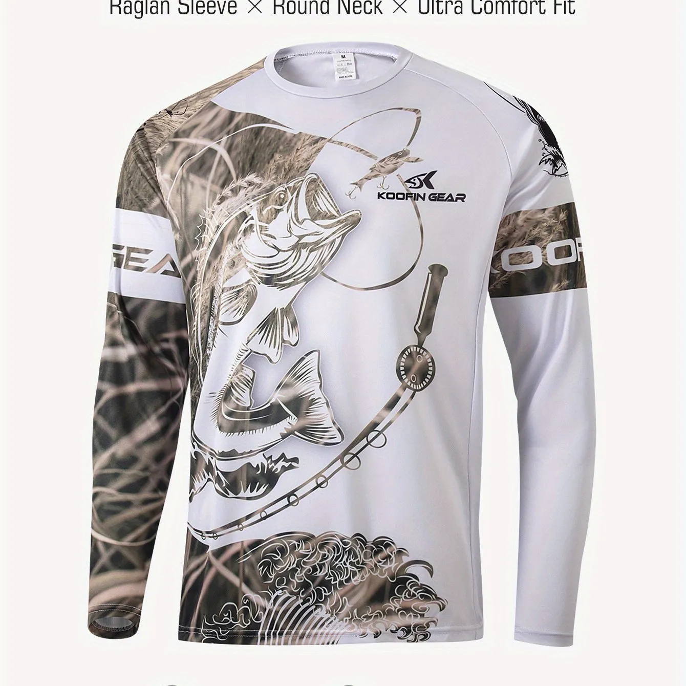 KOOFIN GEAR High Performance Fishing Shirt for Men - Soft, Breathable Polyester with Raglan Sleeves, Round Neck, and Unique Fish & Camouflage Pattern - Ideal for All Seasons, Fishing Apparel|Camouflage Fishing Shirt|Stretchable Material