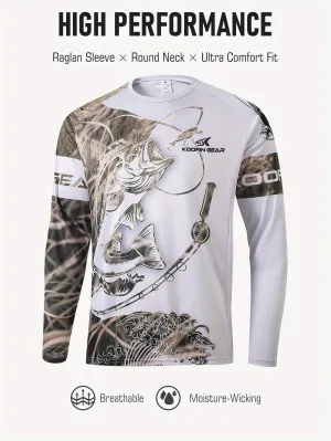 KOOFIN GEAR High Performance Fishing Shirt for Men - Soft, Breathable Polyester with Raglan Sleeves, Round Neck, and Unique Fish & Camouflage Pattern - Ideal for All Seasons, Fishing Apparel|Camouflage Fishing Shirt|Stretchable Material