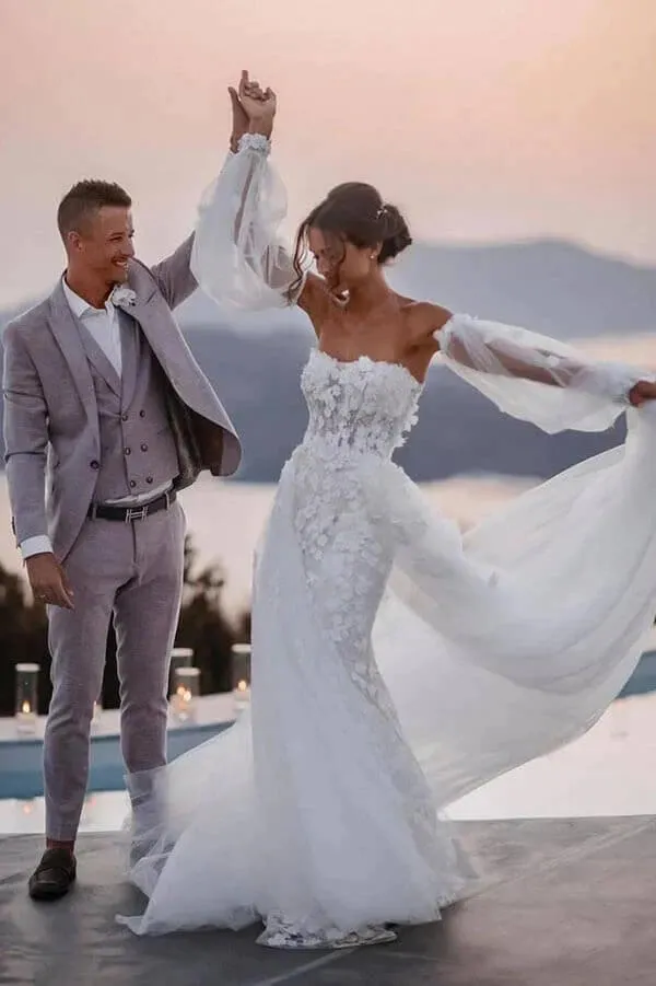 Lace Mermaid Off-the-Shoulder Beach Wedding Dress With Detachable Train, SW644