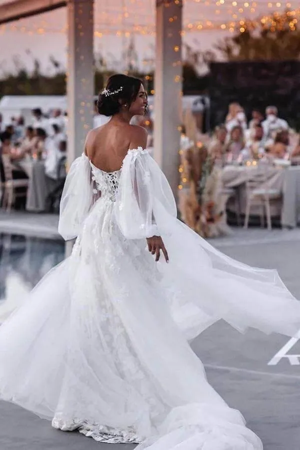 Lace Mermaid Off-the-Shoulder Beach Wedding Dress With Detachable Train, SW644