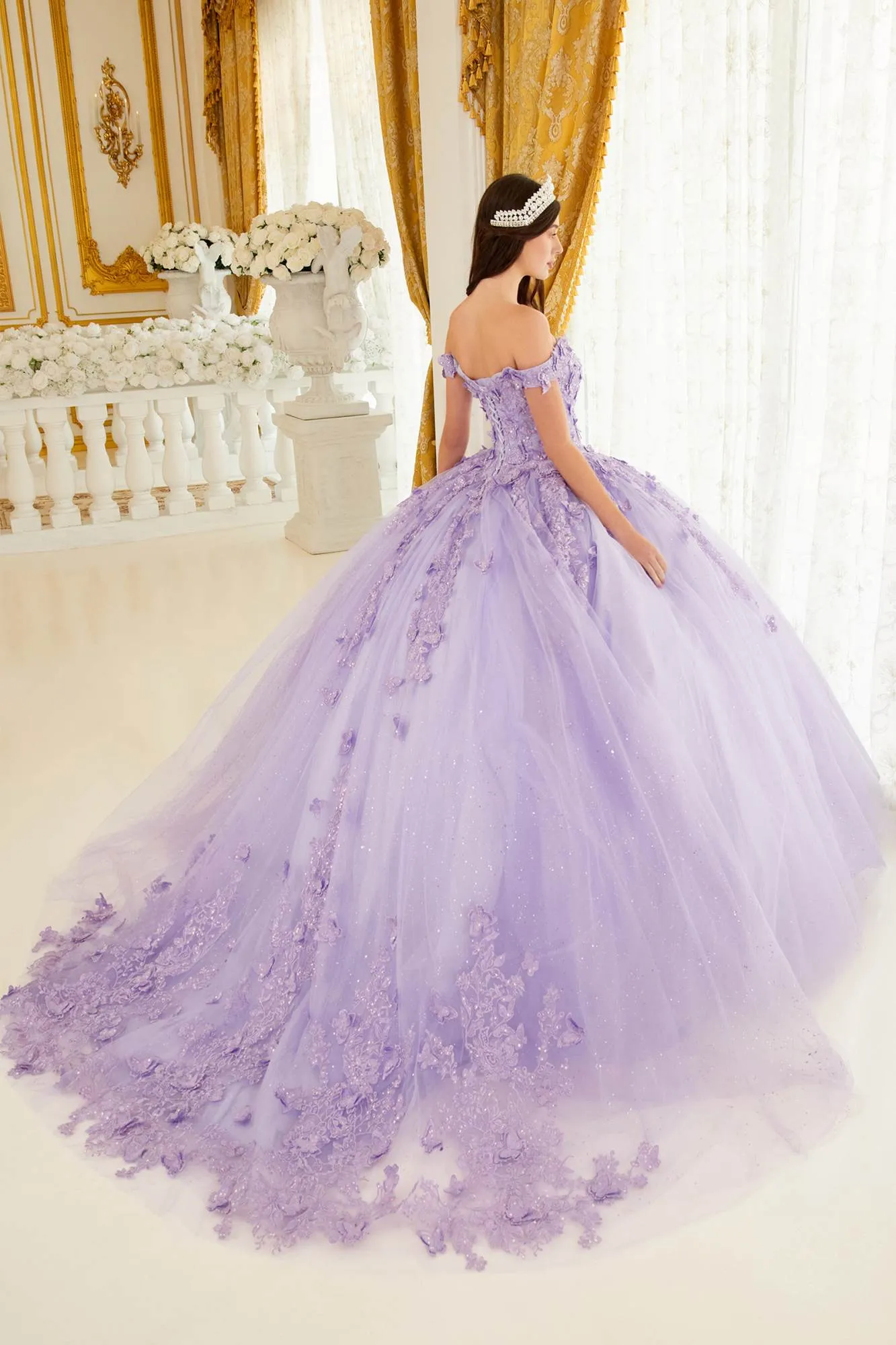Ladivine 15709 Floor Length Layered Tulle Ball Gown Lace Applique
