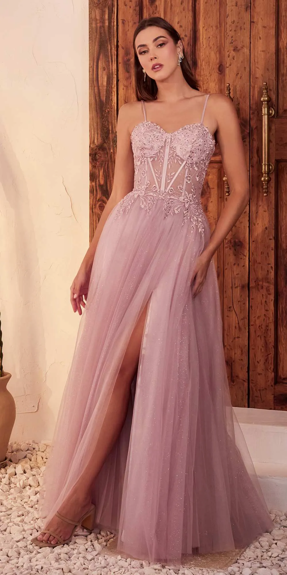 Ladivine C150 Long Lace Applique Glitter Tulle Ball Gown
